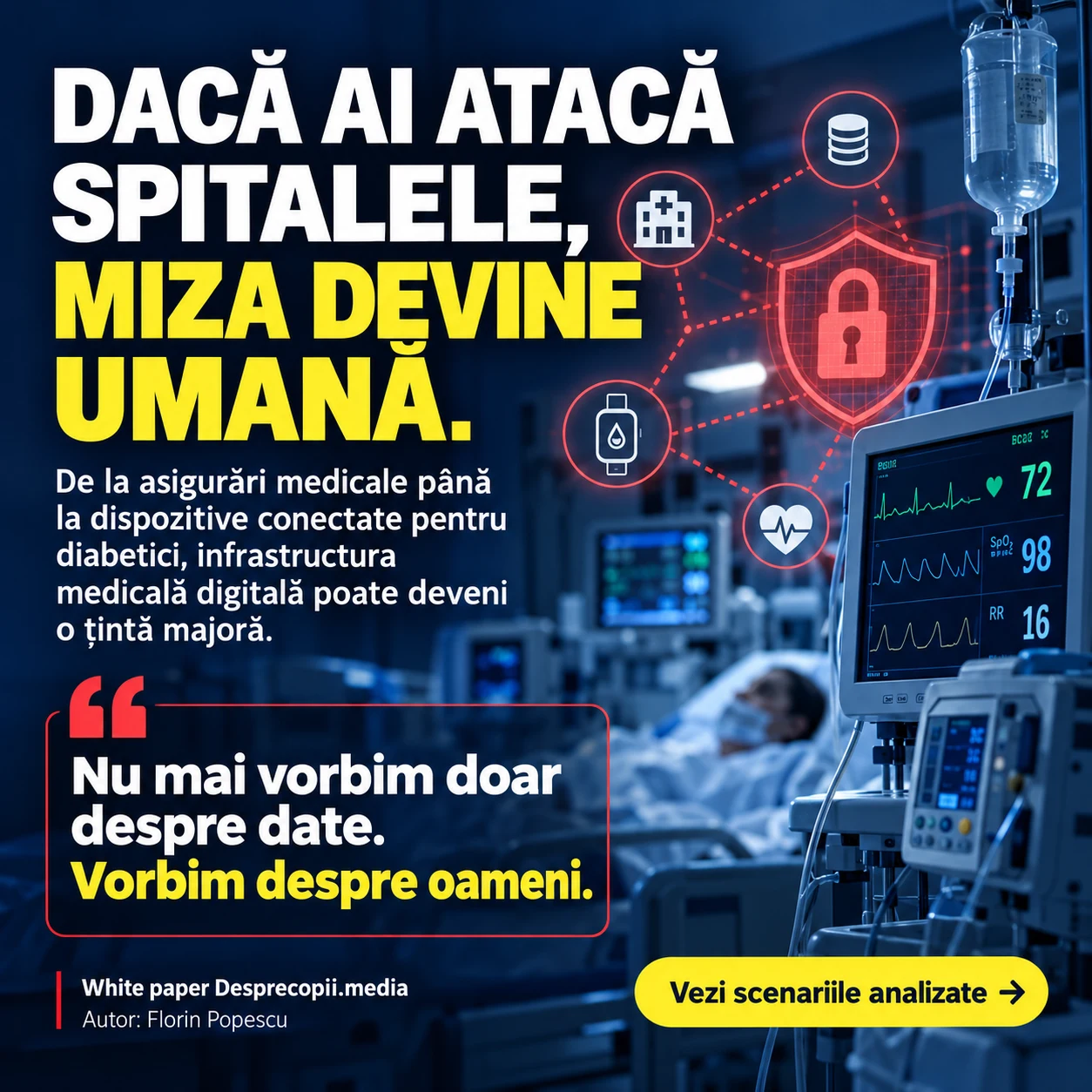 Vizual promoțional: dacă AI atacă spitalele, miza devine umană.